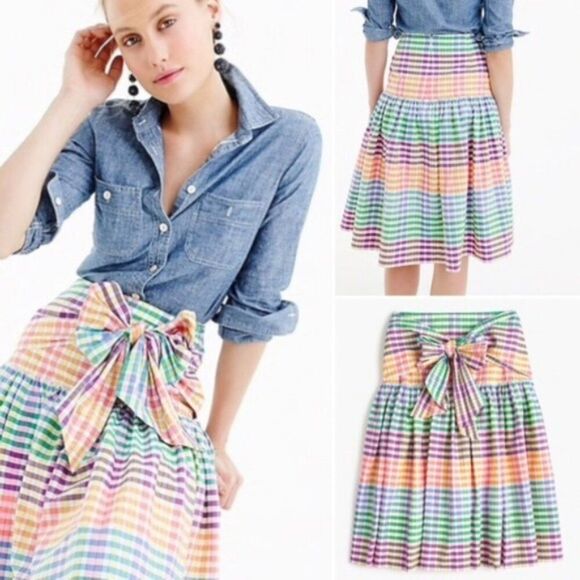 NWT J Crew 0 Bow Tie Coquette Pleated Preppy Midi Full Skirt Gingham Retro 60s - Picture 14 of 16